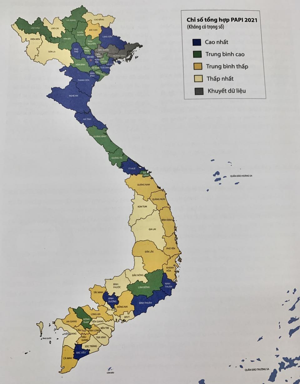 Bản đồ chỉ số Hiệu quả Quản trị v&agrave; H&agrave;nh ch&iacute;nh C&ocirc;ng cấp tỉnh (PAPI) năm 2021.