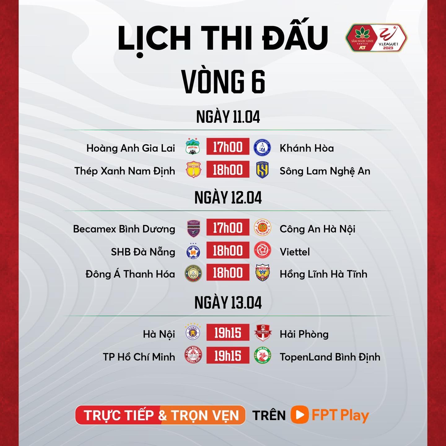 Lịch thi đấu vòng 6 V.League 2023. Ảnh: FPT Play