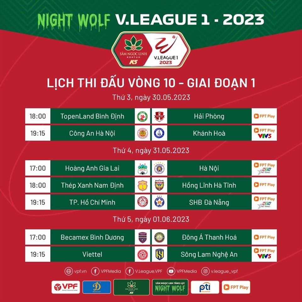 Lịch thi đấu vòng 10 V.League 2023. Ảnh: VPF