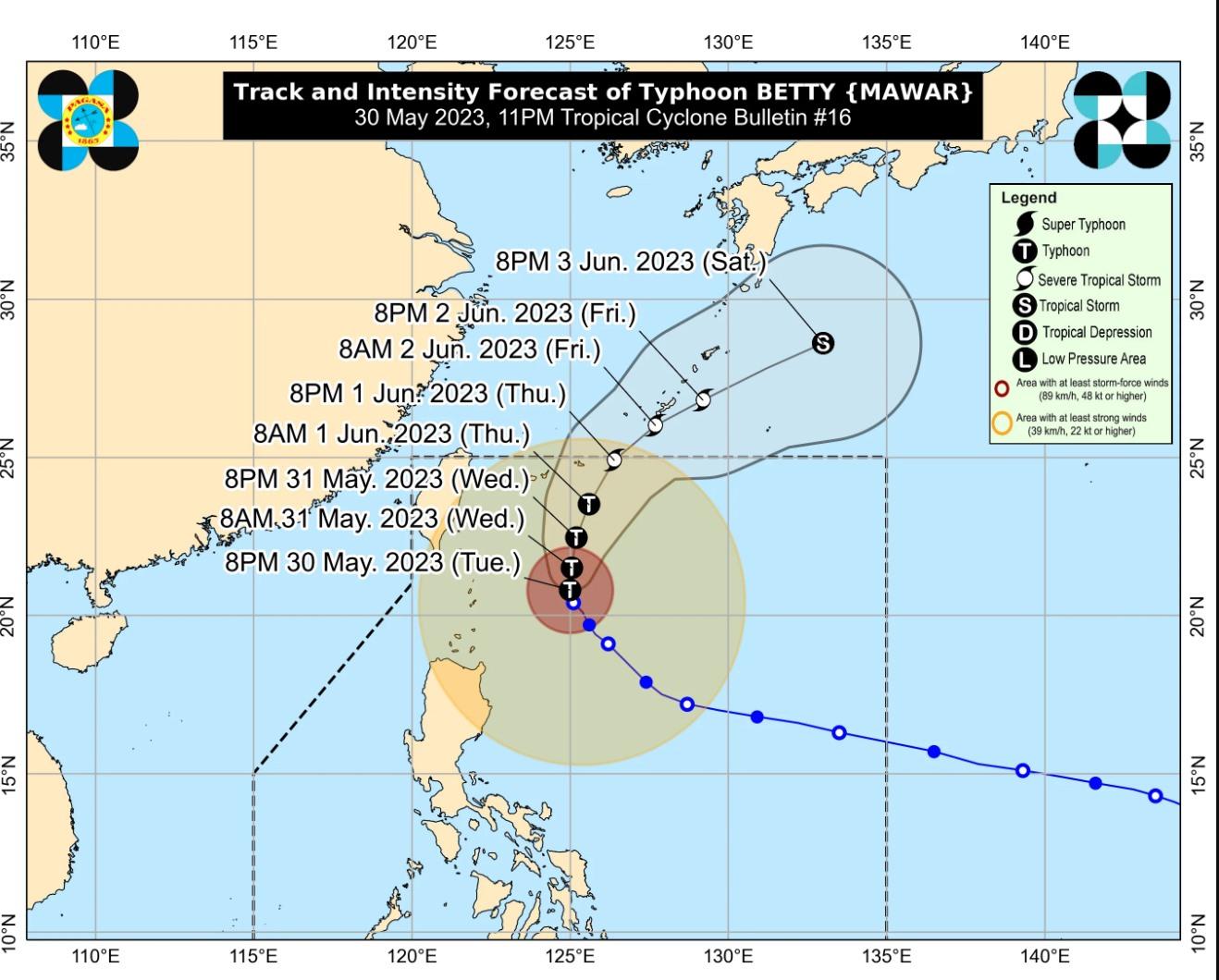 Dự báo đường đi của bão Mawar (Betty) từ 8 giờ tối 29.5 đến 8 giờ tối 3.6.2023. Ảnh: PASAGA