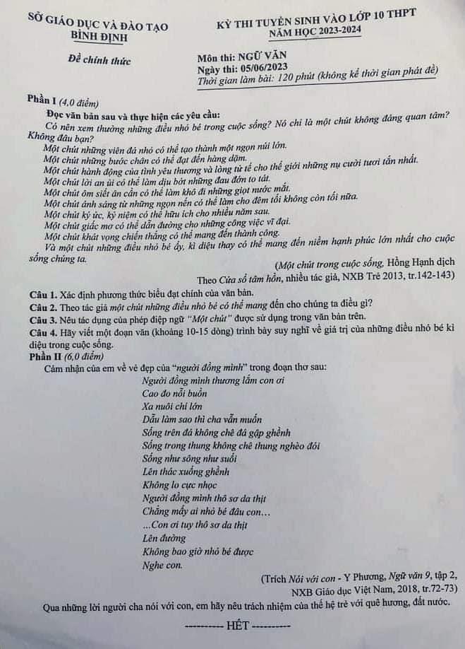 Đề thi Ngữ văn vào lớp 10 tỉnh Bình Định năm 2023. Ảnh: Vân Trang