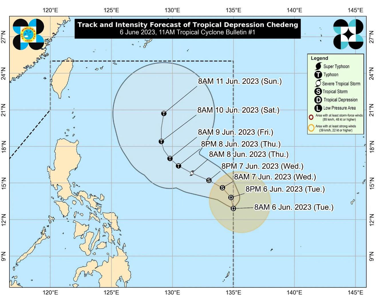 Dự báo đường đi của Chedeng từ 8h ngày 6.6 đến 8h ngày 11.6. Ảnh: PASAGA