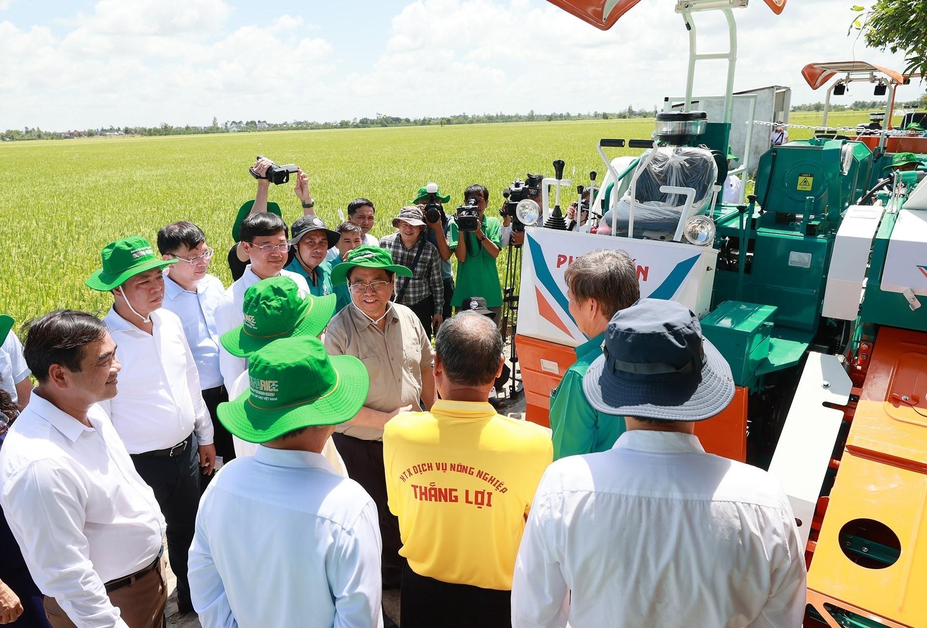 Thủ tướng Phạm Minh Chính khảo sát mô hình nông nghiệp công nghệ cao, sản xuất lúa của hợp tác xã dịch vụ nông nghiệp Thắng Lợi. Ảnh: VGP