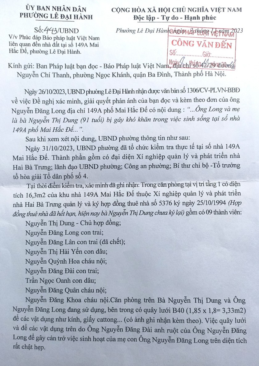 Công văn UBND phường Lê Đại Hành gửi Báo PLVN. (Ảnh: Hồng Thương)