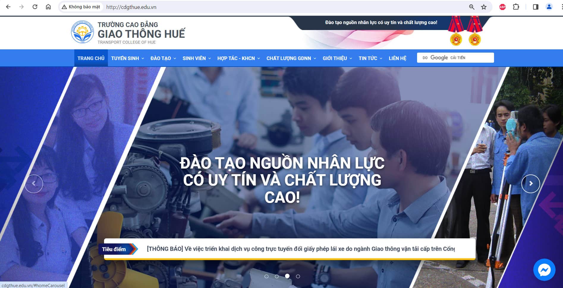 Trang web của Trường CĐGT Huế không có hệ thống đào tạo trực tuyến và cũng không được bảo mật. Ảnh: Phúc Đạt.