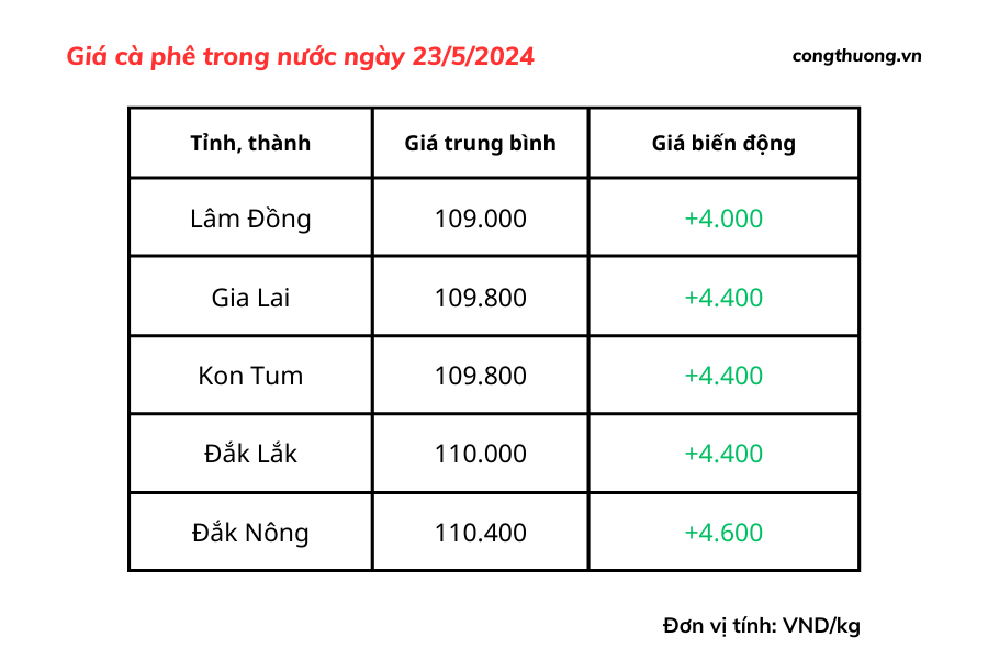 Giá cà phê 23/5, Giá cà phê trong nước ngày 23/5/2024