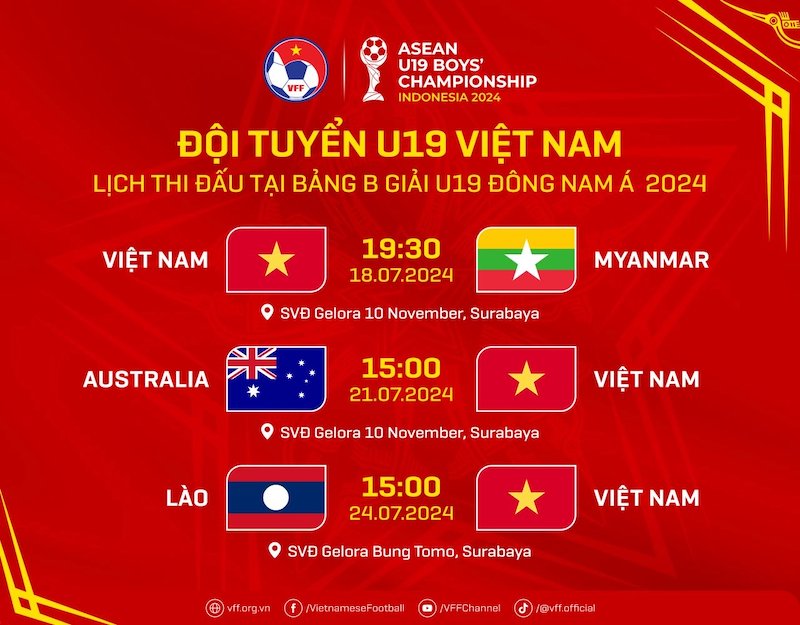 Lịch thi đấu của U19 Việt Nam tại giải U19 Đông Nam Á 2024. Ảnh: VFF