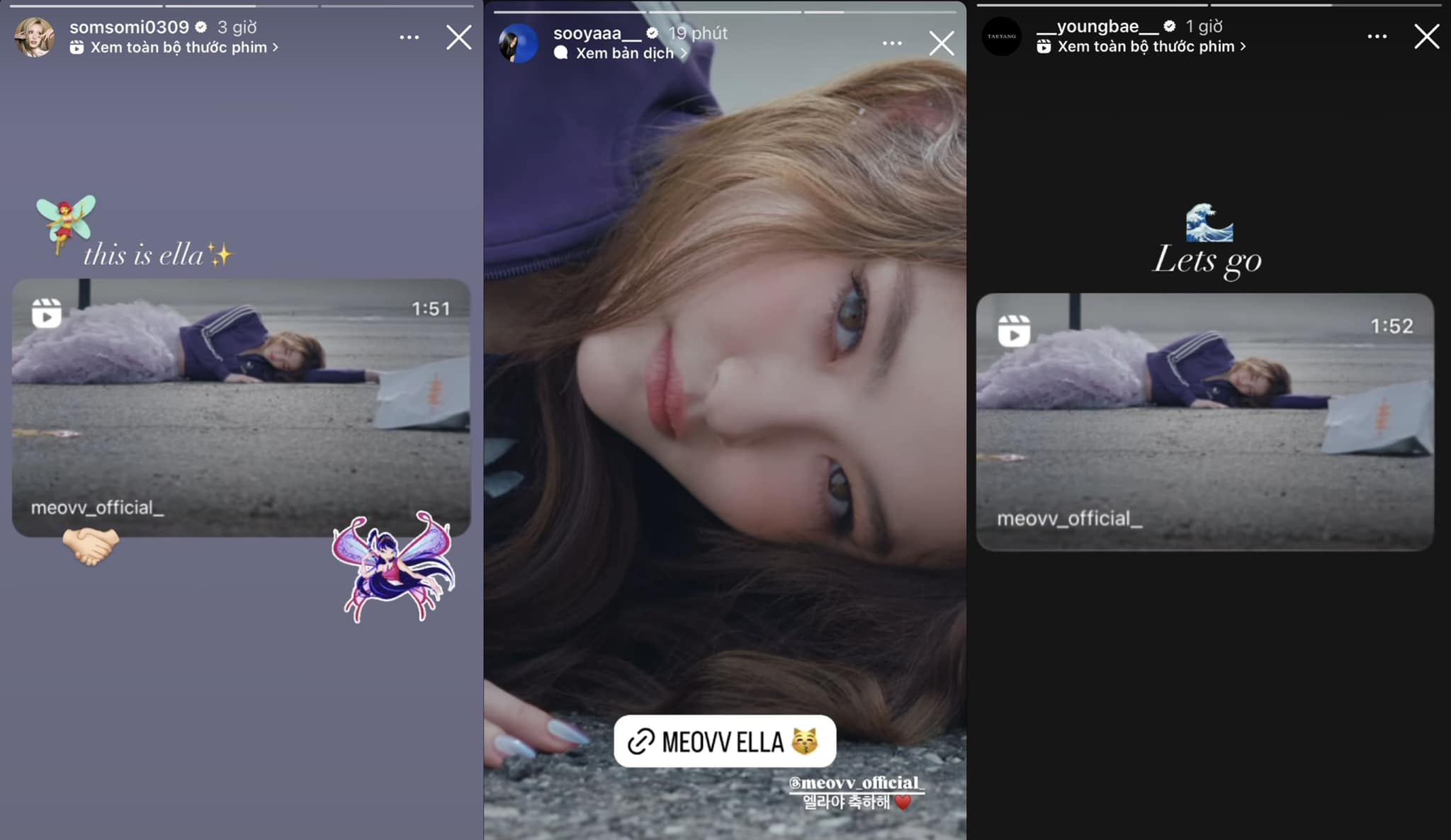 Somi, Jisoo, Taeyang chúc mừng Ella ra mắt trong nhóm nhạc nữ MEOVV. Ảnh: Instagram