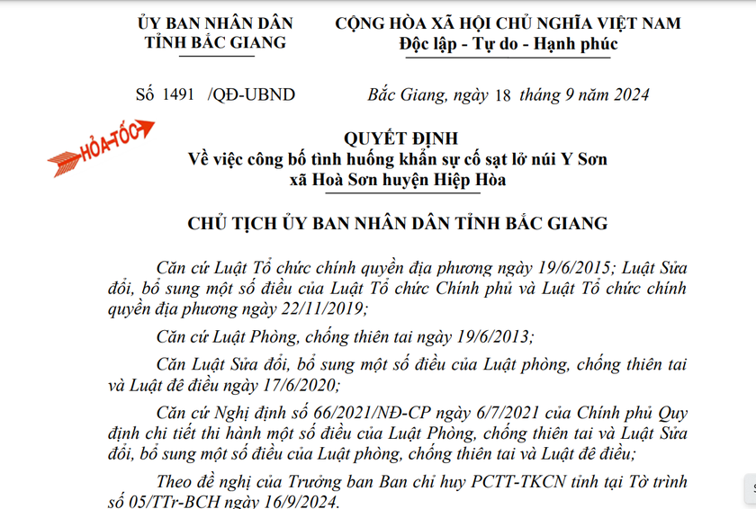 Quyết định "hỏa tốc" của Chủ tịch UBND tỉnh Bắc Giang.