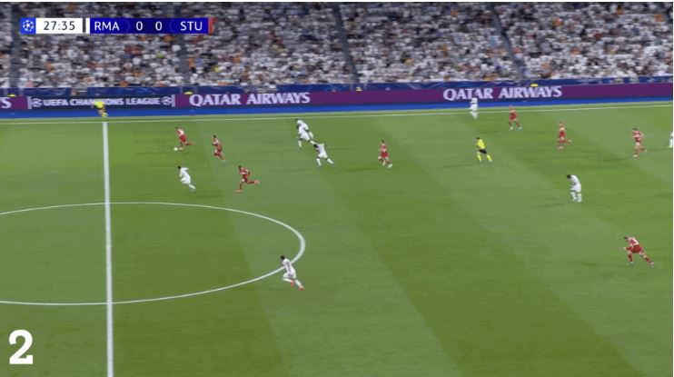 Hàng tiền vệ Real Madrid để hổng quá nhiều sau mỗi lần Stuttgart phản công. (Ảnh chụp màn hình)