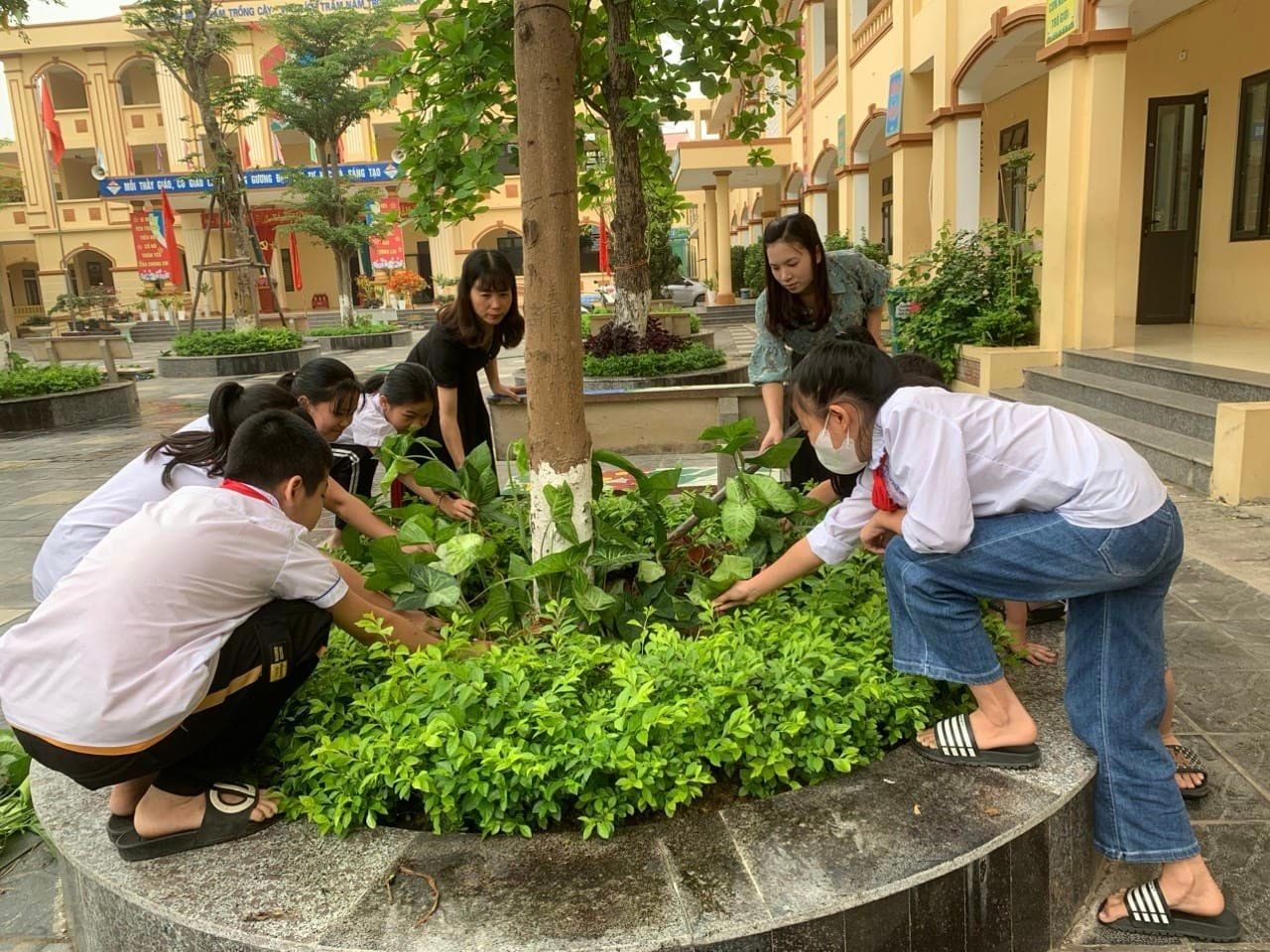 Học sinh trên địa bàn huyện Ba Vì tham gia trồng, chăm sóc cây xanh, bảo vệ môi trường. Ảnh: Sơn Tùng