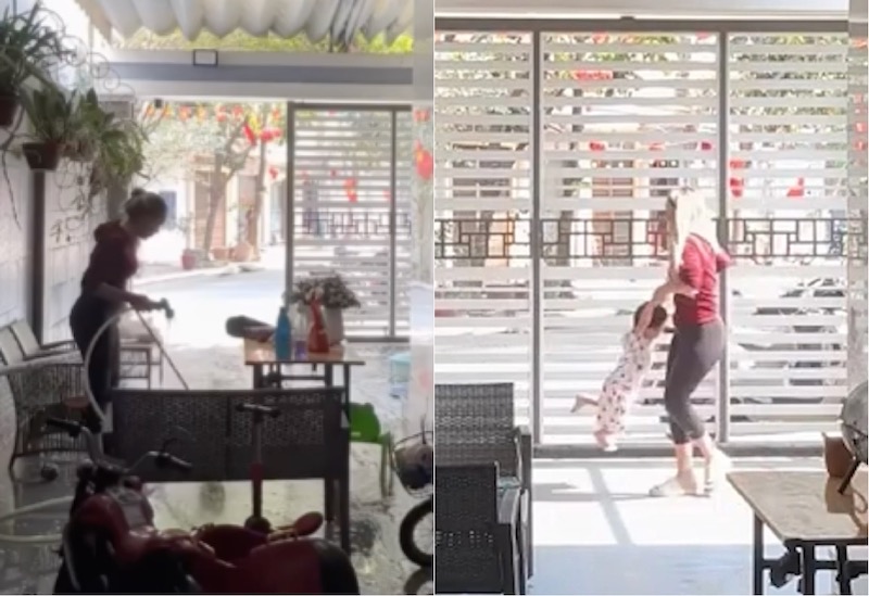 Bà xã Xuân Son tranh thủ dọn nhà, đón chồng về Nam Định ăn Tết Nguyên đán. Ảnh: Cắt từ clip