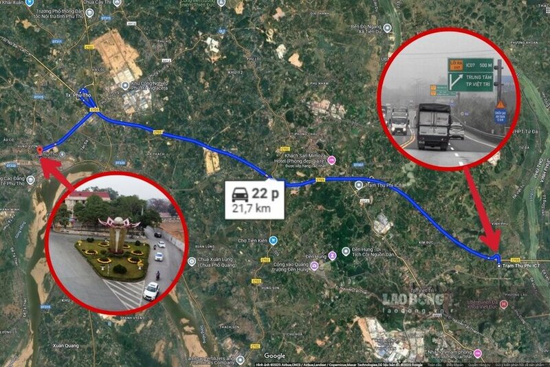 Từ Nút giao IC7 đến Quảng trường Bình Minh tại trung tâm thị xã Phú Thọ chỉ hơn 21 km. Ảnh: Vệ tinh.