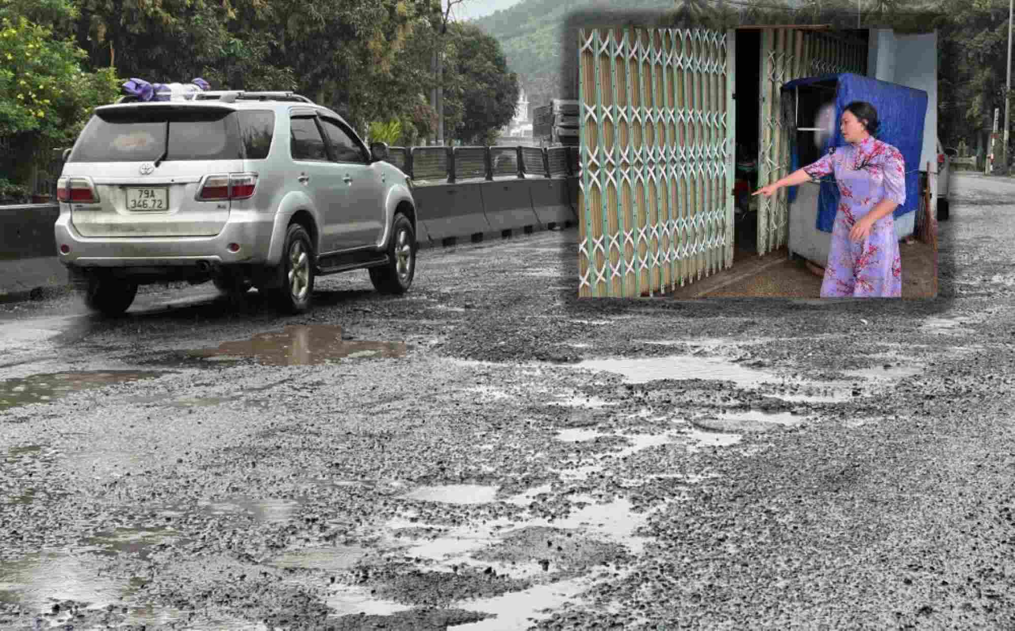 Quán ăn của bà Nguyễn Thị Lệ (50 tuổi, trú phường Xuân Đài) phải đóng cửa nhiều tháng nay vì những bất tiện môi trường do hư hỏng Quốc lộ 1 gây ra. Ảnh: Hoài Luân