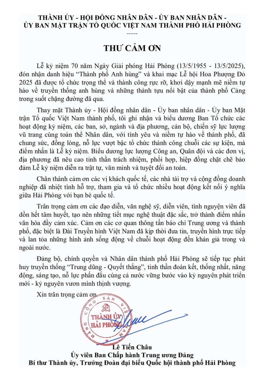 Thư cảm ơn của Bí thư Thành uỷ Hải Phòng.