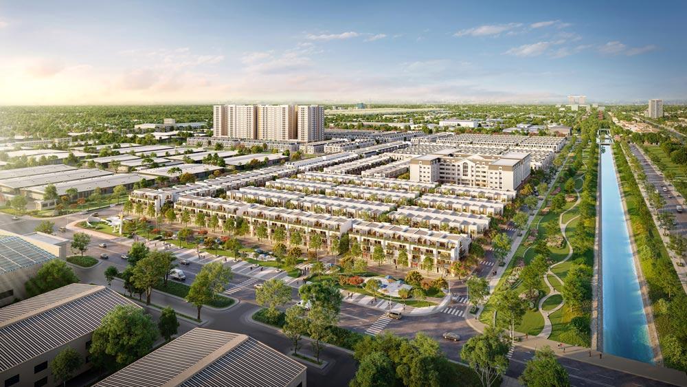Phối cảnh tổng thể K-Home New City - đô thị nhà ở xã hội chuẩn Singapore đầu tiên tại Việt Nam; phía xa là khu căn hộ xanh K-Home Apartment.