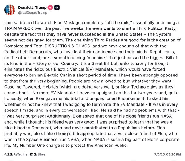 Dòng trạng thái Tổng thống Donald Trump viết trên trang Truth Social về Elon Musk ngày 6.7