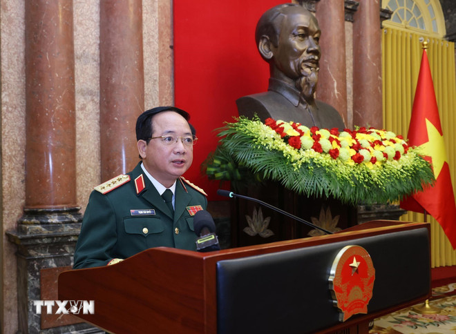 Đại tướng Trịnh Văn Quyết, Bí thư Trung ương Đảng, Chủ nhiệm Tổng cục Chính trị Quân đội nhân dân Việt Nam phát biểu. Ảnh: TTXVN