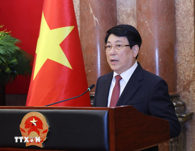 Ủy viên Bộ Chính trị, Chủ tịch nước Lương Cường phát biểu tại buổi lễ. Ảnh: TTXVN