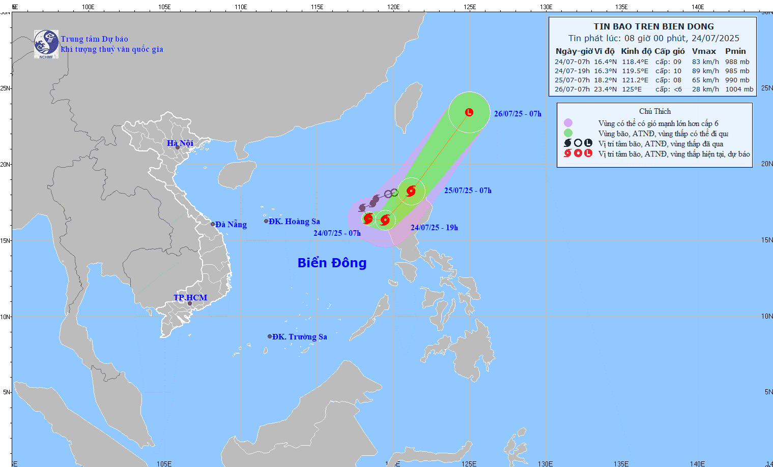 Cập nhật hồi 8 giờ ngày 24.7 về vị trí và đường đi của bão số 4 Comay. Ảnh: Trung tâm Dự báo Khí tượng Thủy văn Quốc gia