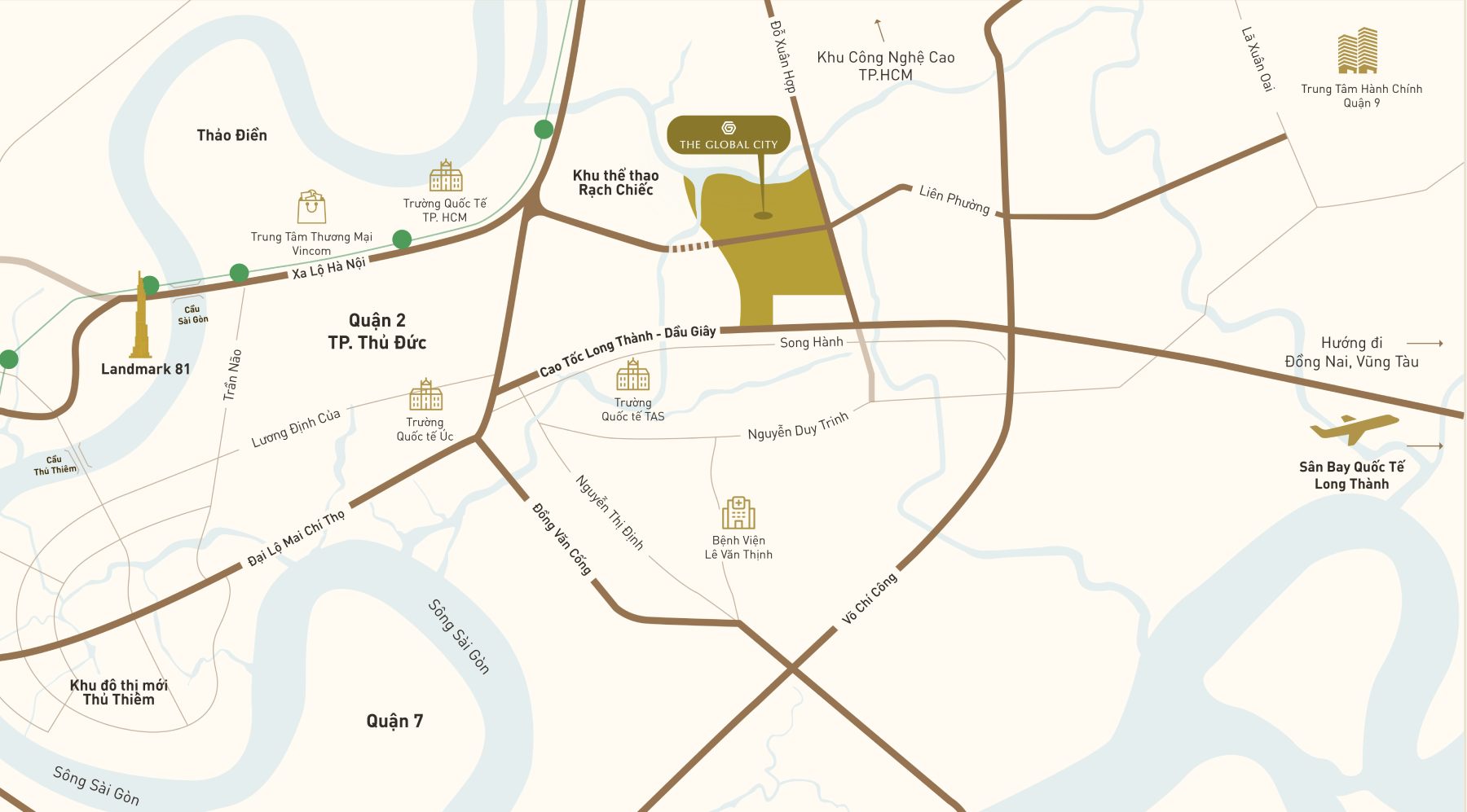 The Global City tọa lạc tại trung tâm của trung tâm mới siêu đô thị TPHCM