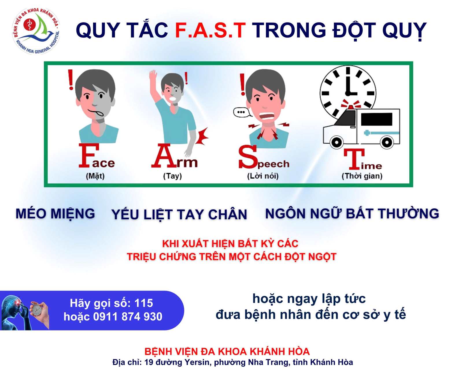 Những dấu hiệu đột quỵ được Bệnh viện Đa khoa tỉnh Khánh Hòa khuyến cáo. Ảnh: Bệnh viện Đa khoa tỉnh Khánh Hòa