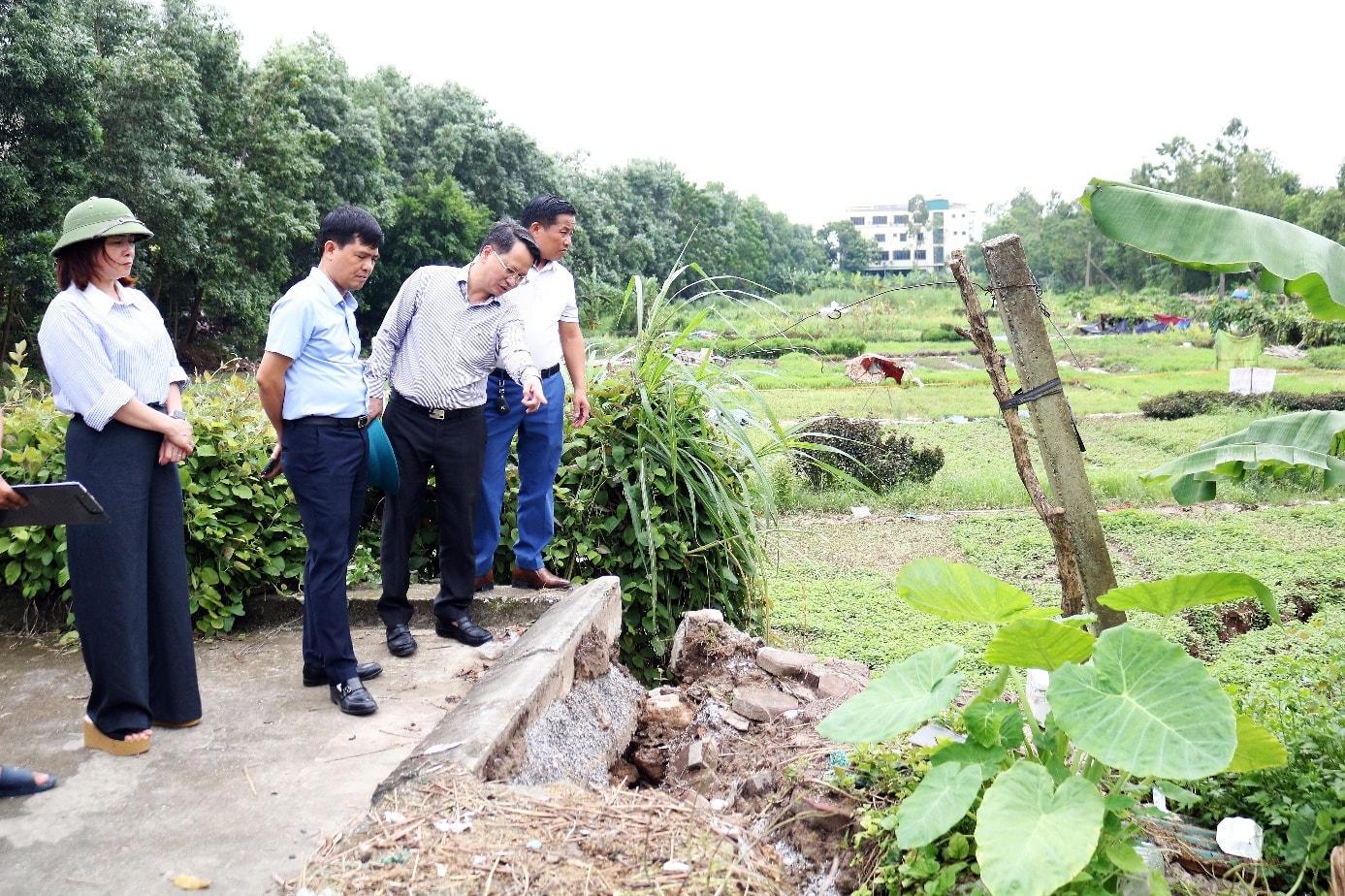 Lãnh đạo Chi cục Thủy lợi và Phòng, chống thiên tai Hà Nội và xã Quảng Bị kiểm tra sự cố sụt lún đất ở thôn 2. Ảnh: Vũ Liên