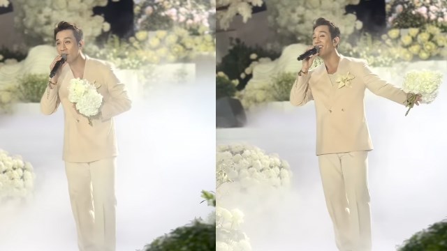 Dương Edward từng hát chúc mừng trong đám cưới của thiếu gia Tập đoàn Sơn Hải và Hoa hậu Đỗ Thị Hà tối 22.10 tại Quảng Trị. Ảnh cắt từ video
