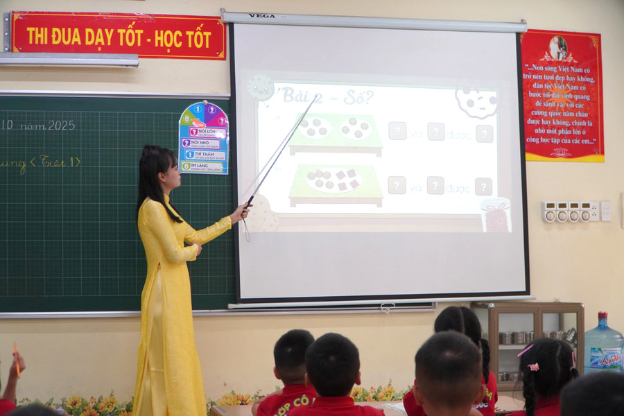 Mỗi tiết học, cô Nga luôn cố gắng ứng dụng công nghệ vào giảng dạy tạo sự hứng thú cho học trò. Ảnh Liêm Anh.