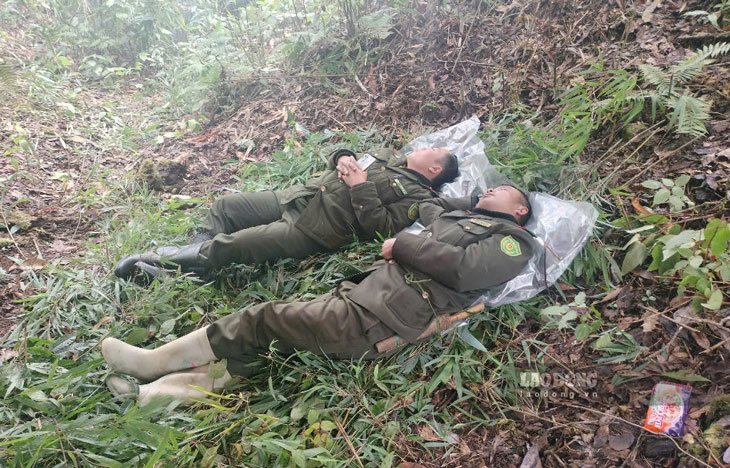 Những người “canh” rừng, phải ăn cơm nắm, ngủ trong rừng ngày dịp Tết. Ảnh: Bảo Nguyên