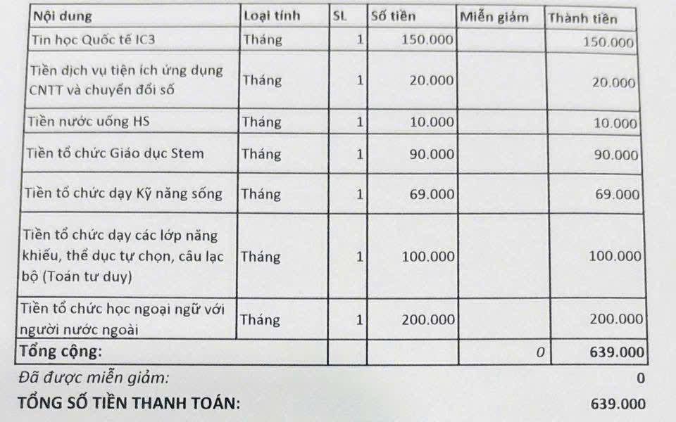 Dù được miễn học phí, phụ huynh phải đóng nhiều khoản như tiền dạy học liên kết,... Ảnh: Phụ huynh cung cấp