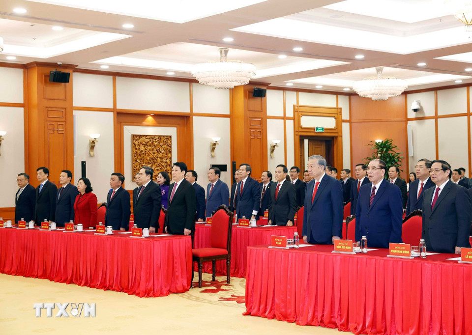 Tổng Bí thư Tô Lâm và các đồng chí lãnh đạo Đảng, Nhà nước dự buổi lễ. Ảnh: TTXVN