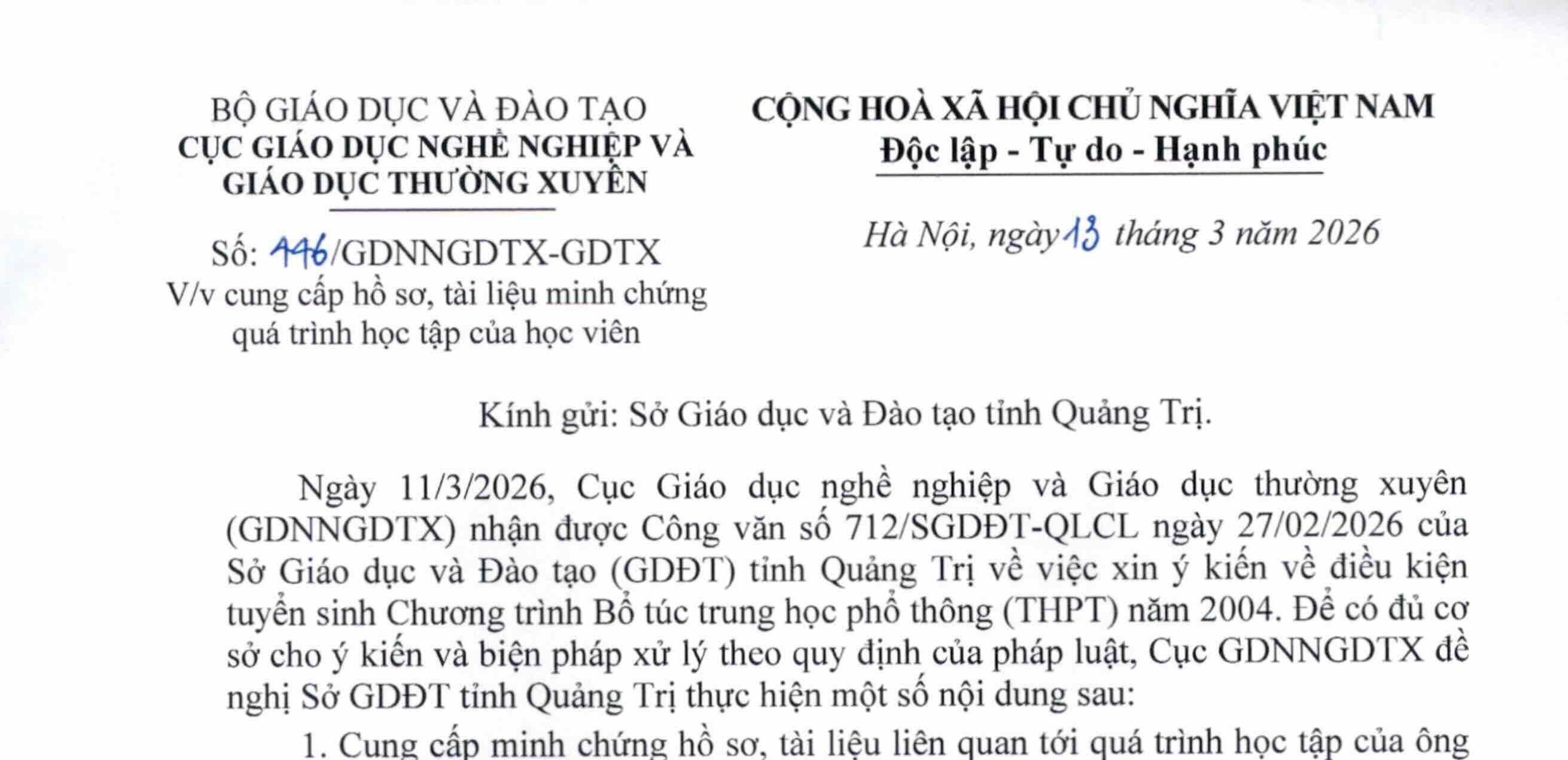 Sau phản ánh của Báo Lao Động, Cục Giáo dục nghề nghiệp và Giáo dục thường xuyên đề nghị Sở GDĐT cung cấp hồ sơ vụ học THPT khi chưa tốt nghiệp THCS. Ảnh: Công Sáng