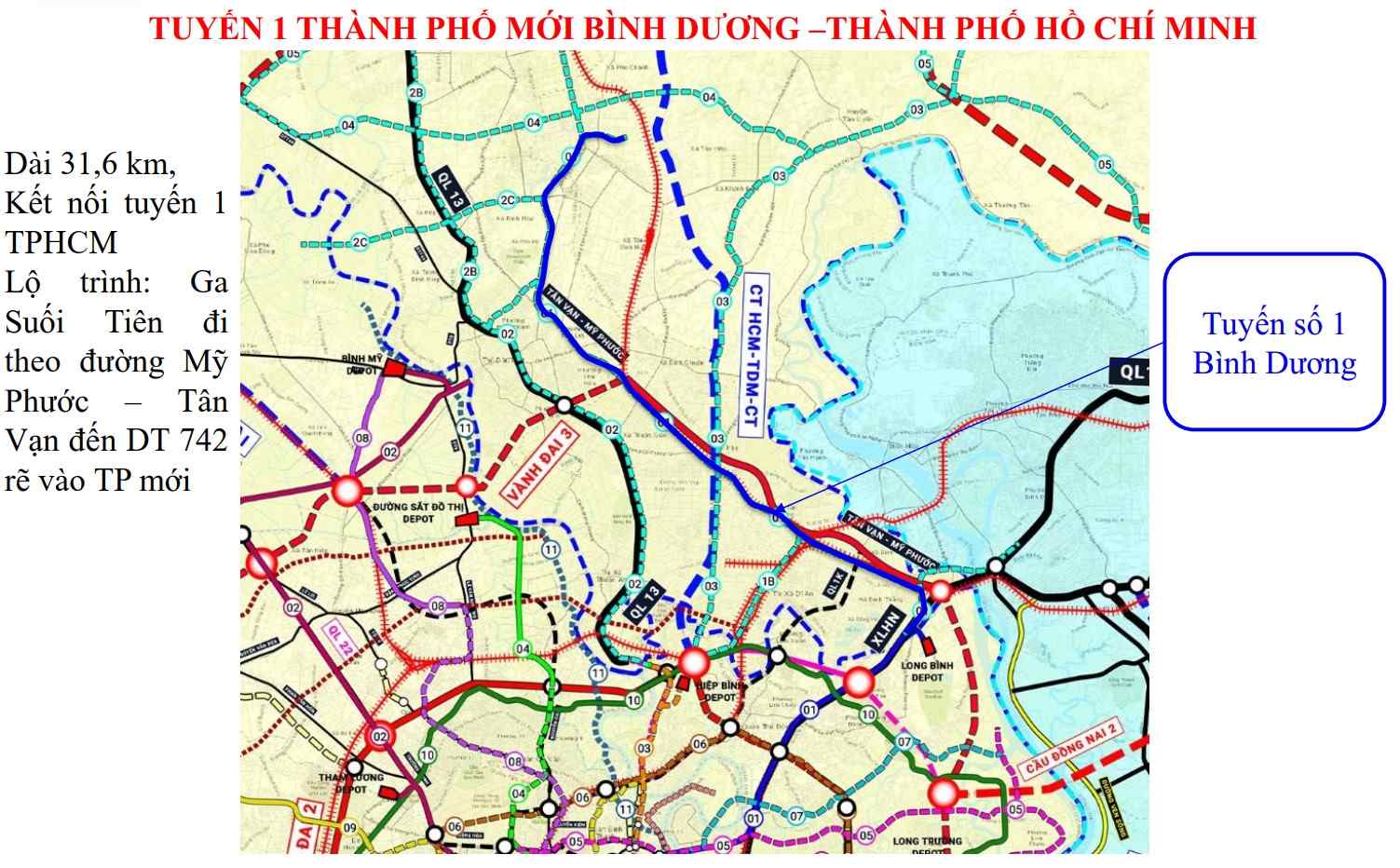 Hướng tuyến Metro Thành phố mới Bình Dương - Suối Tiên. Ảnh: MAUR