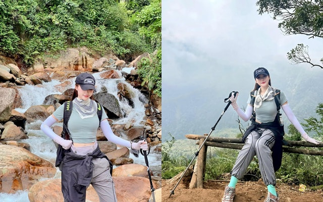 Hoa hậu Phương Oanh trong một buổi đi leo núi. Ảnh Sen Vàng