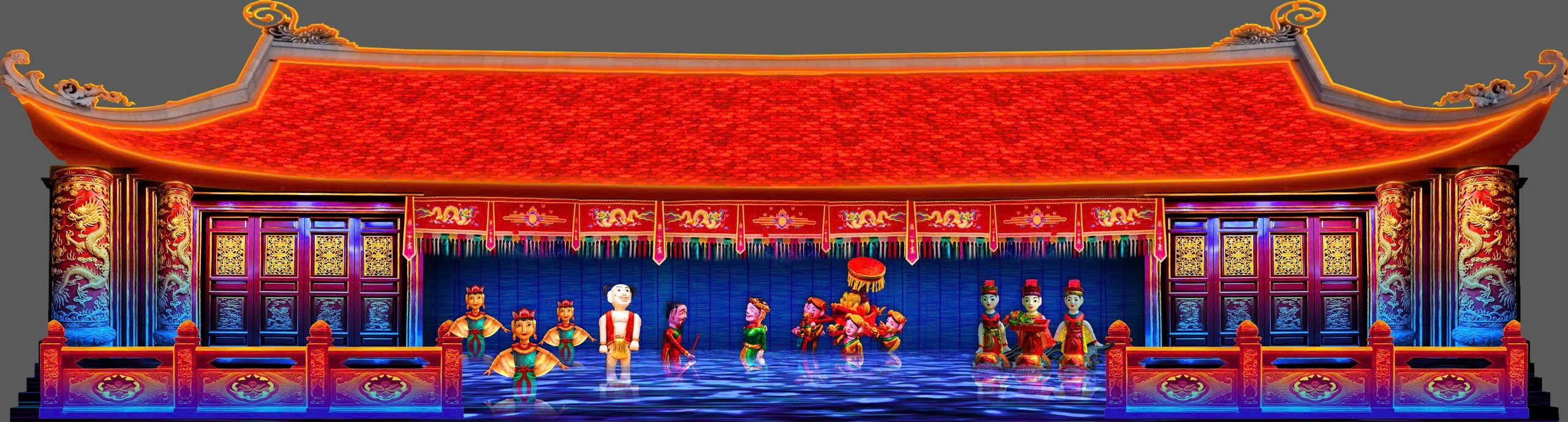 Không gian văn hóa dân gian múa rối nước được khắc họa sinh động bằng ánh sáng. Ảnh: P