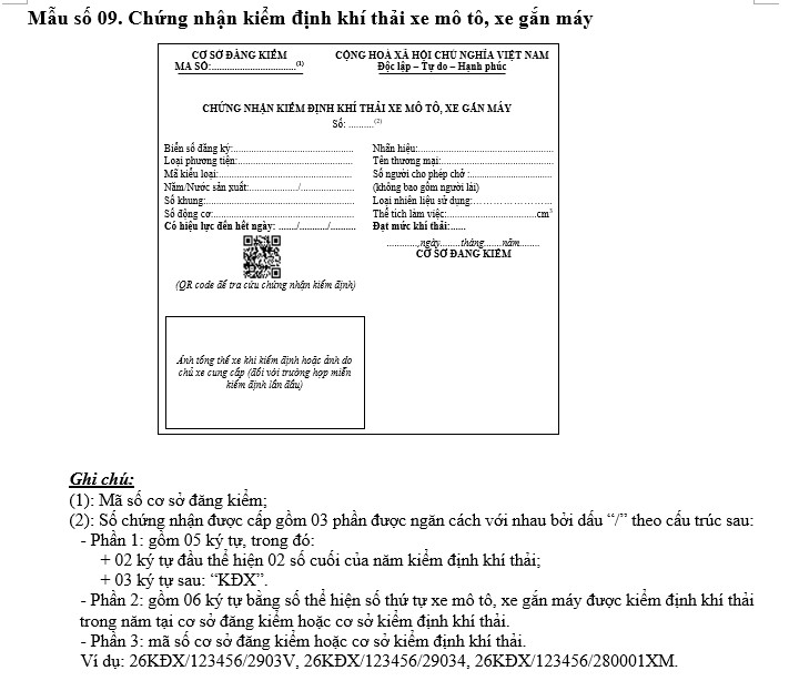 Mẫu giấy chứng nhận kiểm định khí thải xe máy. Ảnh: Bộ Xây dựng