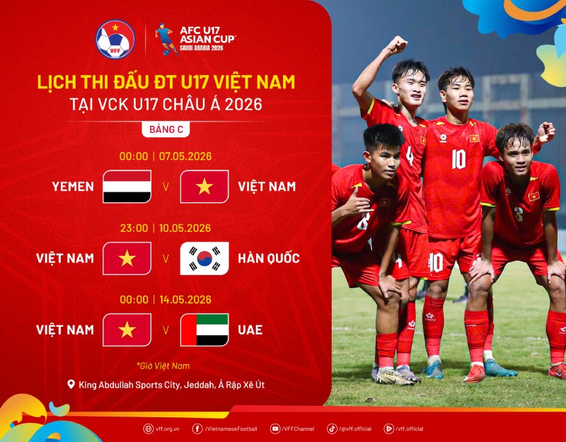 Lịch thi đấu U17 Việt Nam tại vòng bảng U17 châu Á 2026. Ảnh: VFF