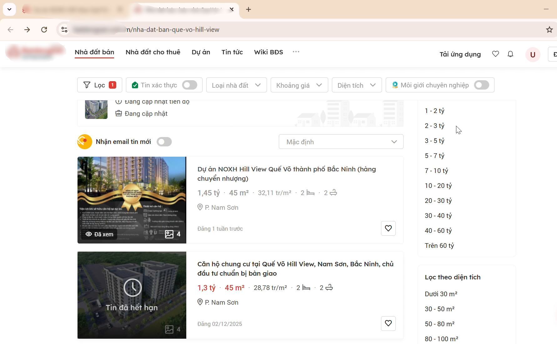 Nhiều bài đăng trên một trang web rao bán nhà ở xã hội Quế Võ Hill View giá cao gấp nhiều lần giá Nhà nước đã phê duyệt. Ảnh: PV