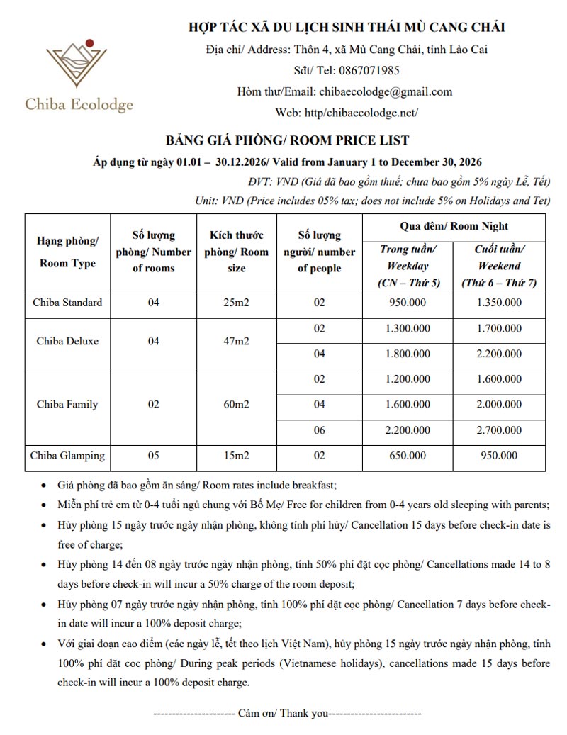 Những loại hình phòng và bảng giá dịch vụ. Ảnh: Chiba Ecolodge.