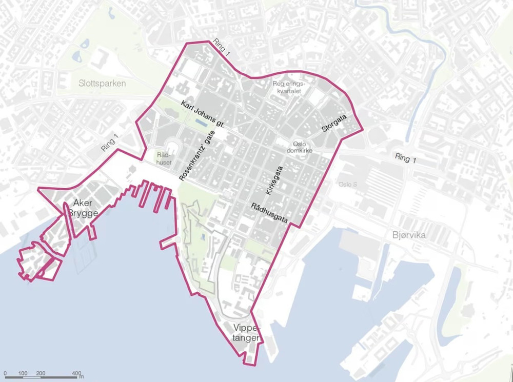 Bản đồ thể hiện khu vực cấm xe ô tô cá nhân tại Oslo, Na Uy. Ảnh: Oslo Kommune anh-4.jpg