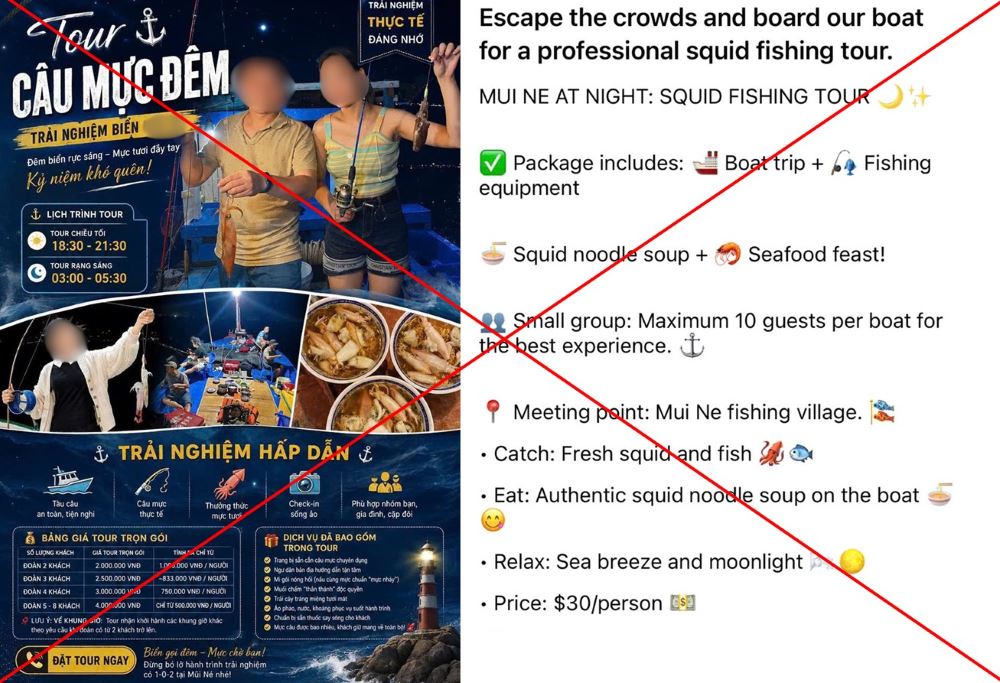 Hình ảnh mời chào dịch vụ “tour câu mực đêm”, “tour trải nghiệm trên biển” xuất hiện trên các trang mạng xã hội. Ảnh: Công an cung cấp