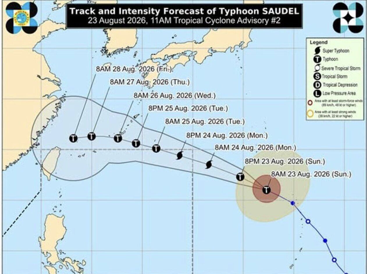 Dự báo đường đi của bão Saudel từ ngày 23-28.8. Ảnh: PAGASA