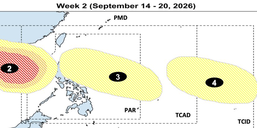 Dự báo 3 vùng xoáy trong tuần 14-20.9. Ảnh: PAGASA