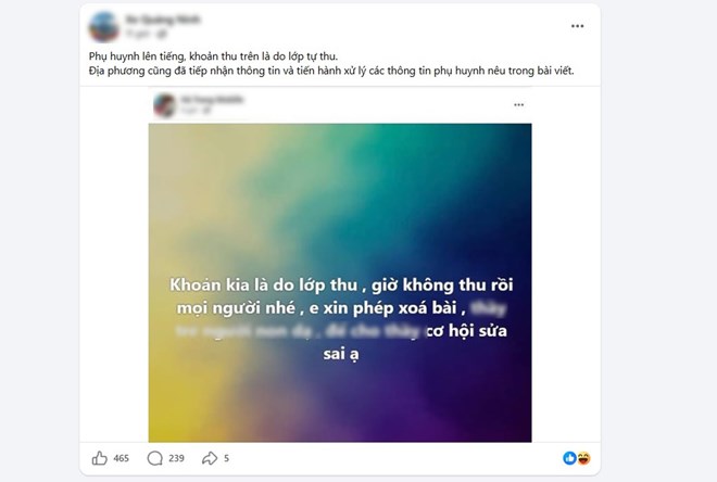 Nội dung phản ánh trên mạng xã hội về khoản thu 2 triệu đồng/học sinh đang được UBND phường Móng Cái 2 xác minh, làm rõ. Ảnh: Đoàn Hưng