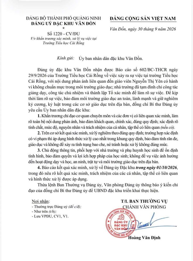 Ngay khi nhận được thông tin phản ánh giáo viên đánh học sinh, Đảng ủy Đặc khu Vân Đồn yêu cầu xác minh, báo cáo kết quả xử lý vụ việc. Ảnh: Cổng thông tin Đặc khu Vân Đồn