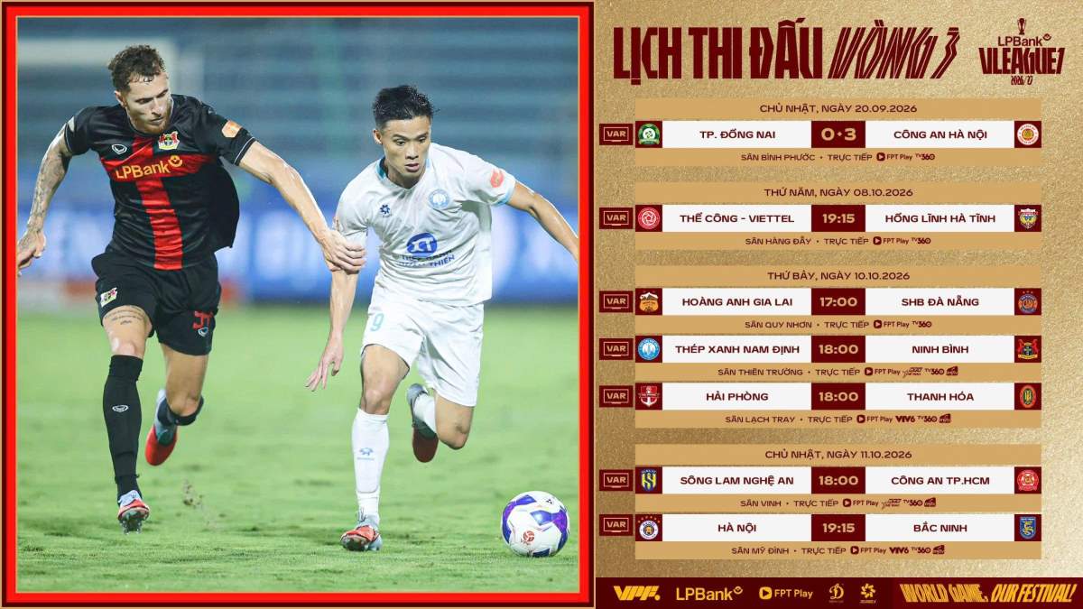 Kết quả trận đấu sớm và lịch thi đấu các trận còn lại tại vòng 3 LPBank V.League 2026-2027. Ảnh: VPF