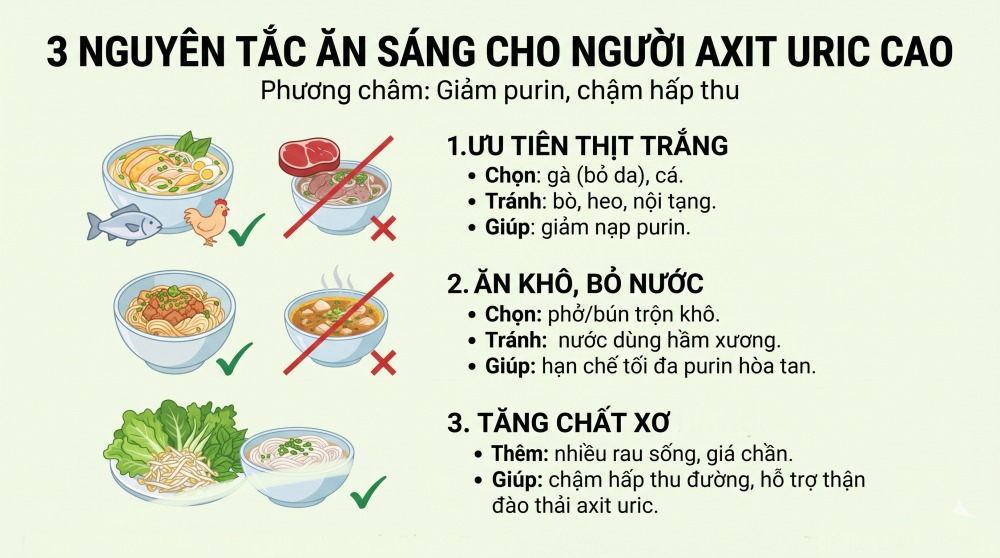 3 nguyên tắc ăn sáng dễ áp dụng cho người có chỉ số axit uric cao khi đi ăn ngoài hàng. Đồ họa: AI