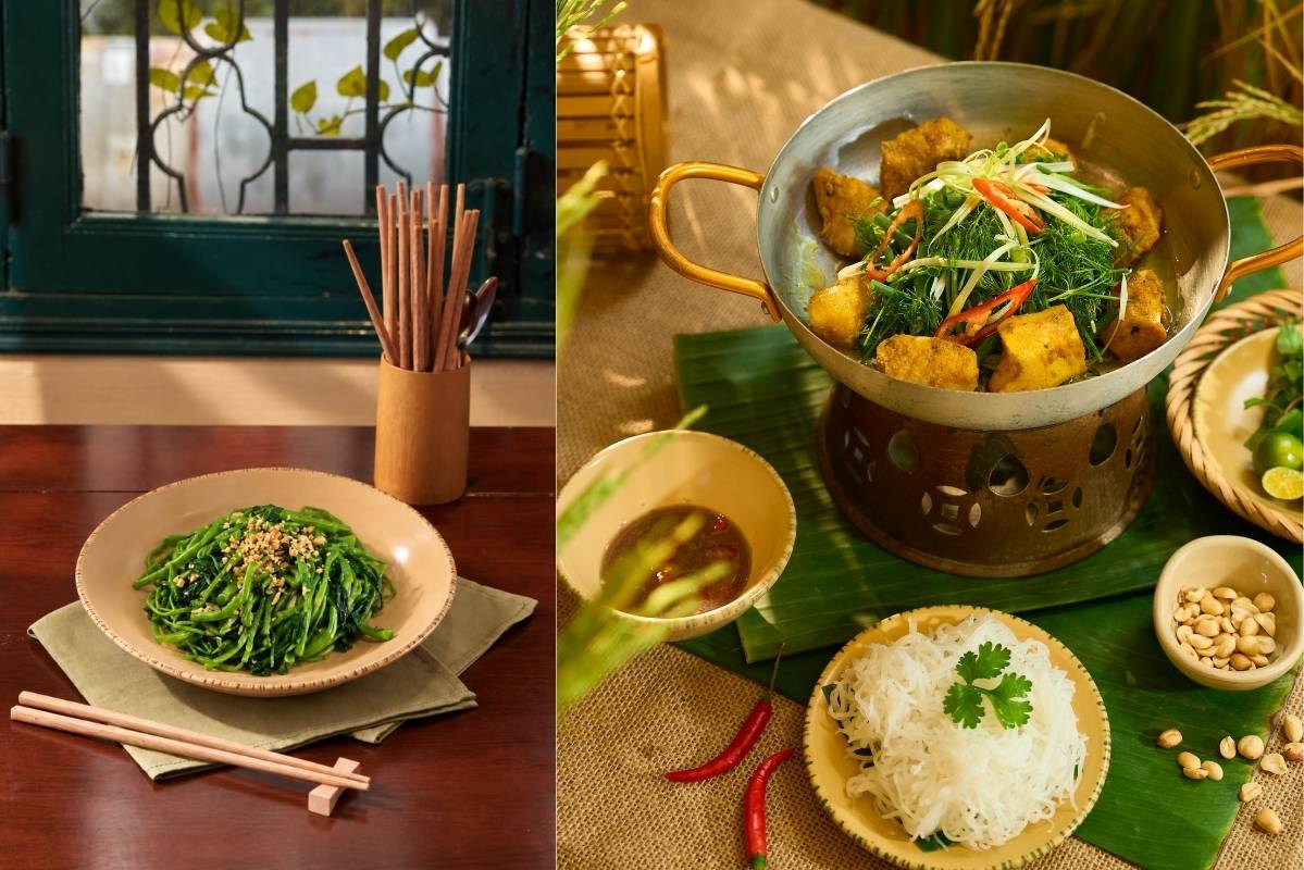 Chả cá Hà Nội, rau muống xào tỏi được lựa chọn trong thực đơn. Ảnh: Đơn vị cung cấp
