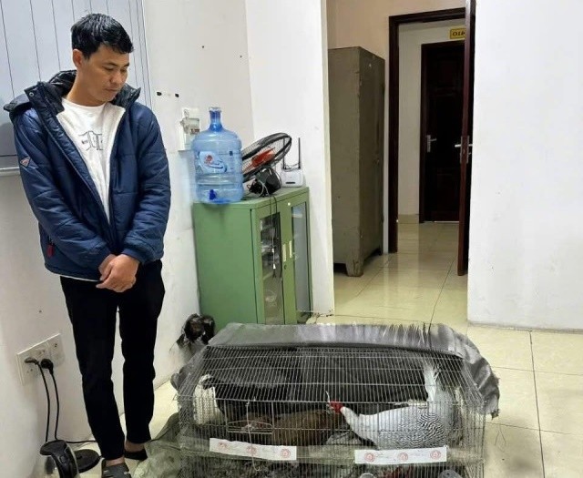 Thái Khắc Thành bên chuồng sắt nuôi nhốt gà lôi trắng vào thời điểm bị bắt
